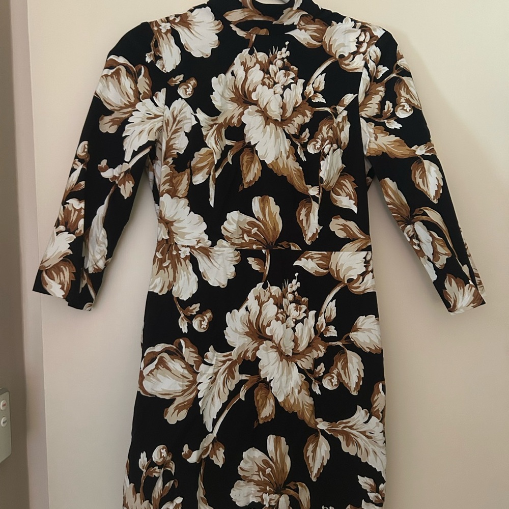 Anthropologie Black White and Tan Sheath Dress with Mock Neck